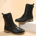 Women's Mid-Calf Military-Style Lace-Up Boots with Zip and Buckle - Brown