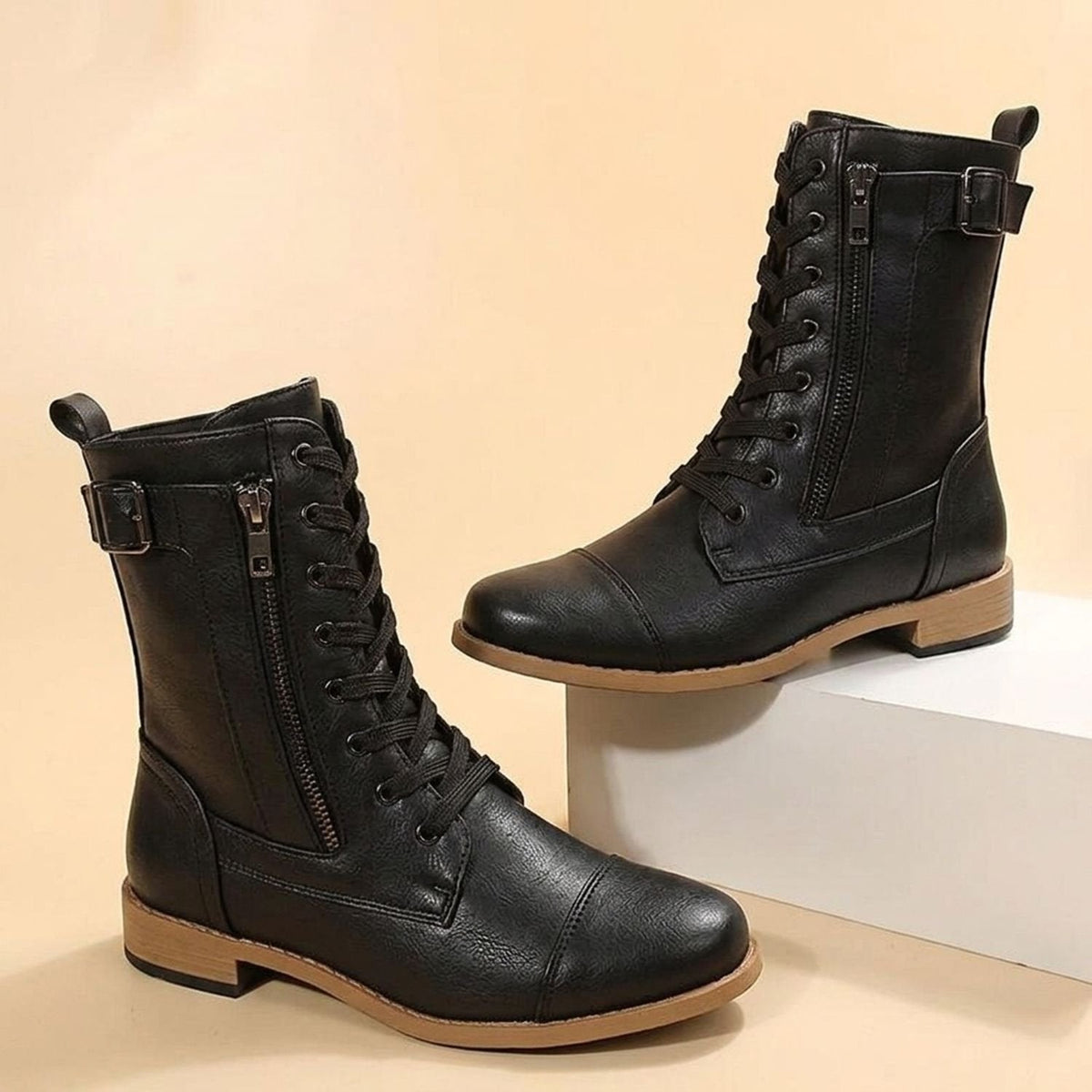 Women's Mid-Calf Military-Style Lace-Up Boots with Zip and Buckle - Brown