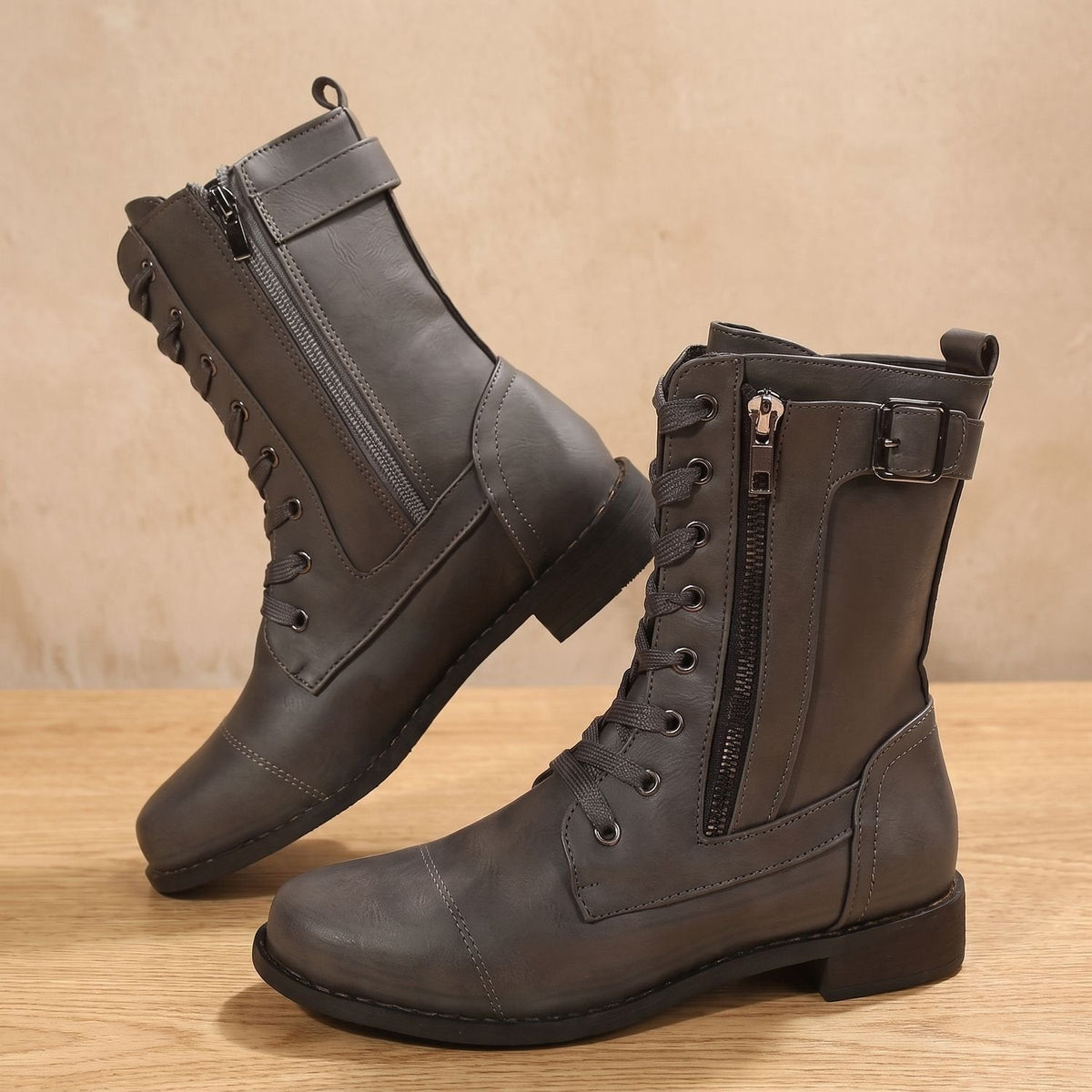 Women's Mid-Calf Military-Style Lace-Up Boots with Zip and Buckle