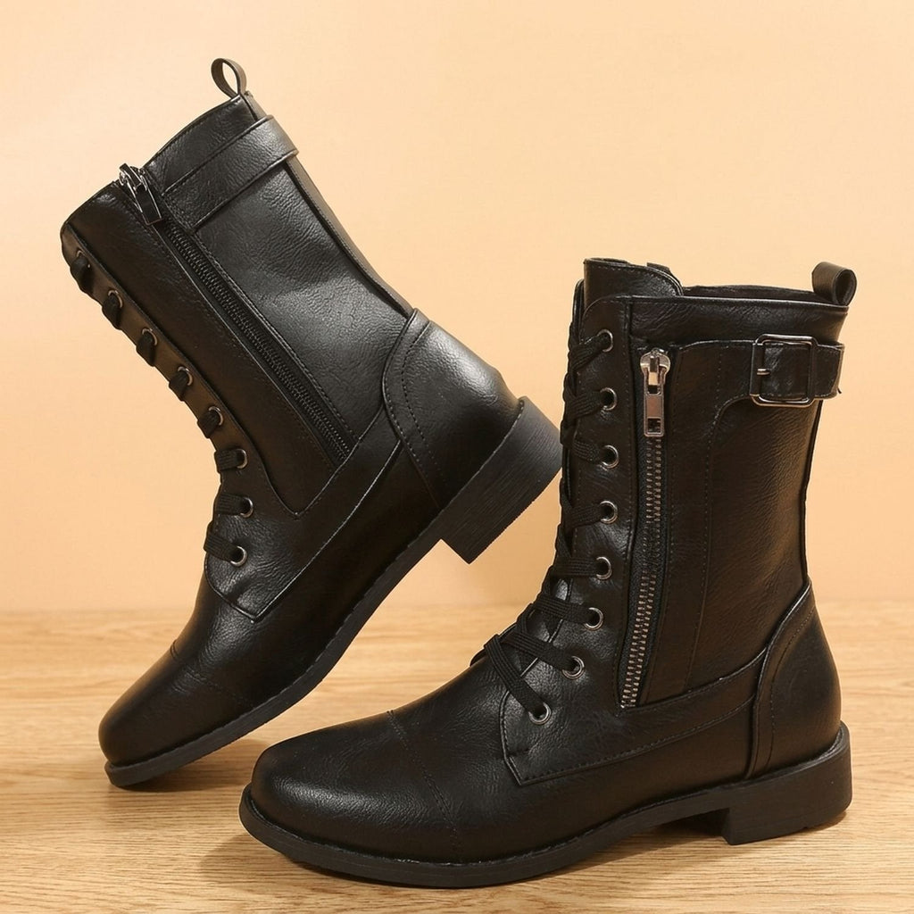 Women's Mid-Calf Military-Style Lace-Up Boots with Zip and Buckle