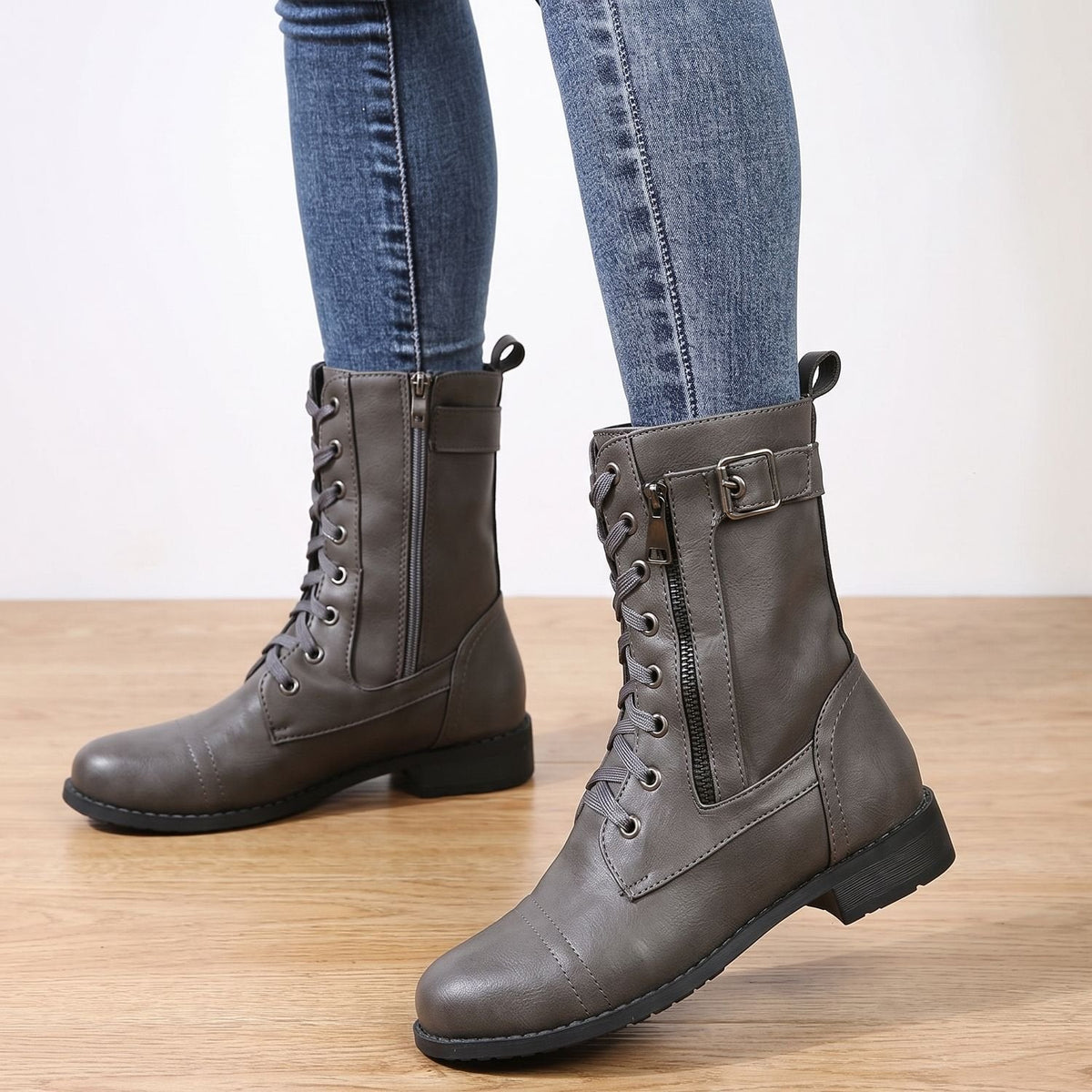 Women's Mid-Calf Military-Style Lace-Up Boots with Zip and Buckle