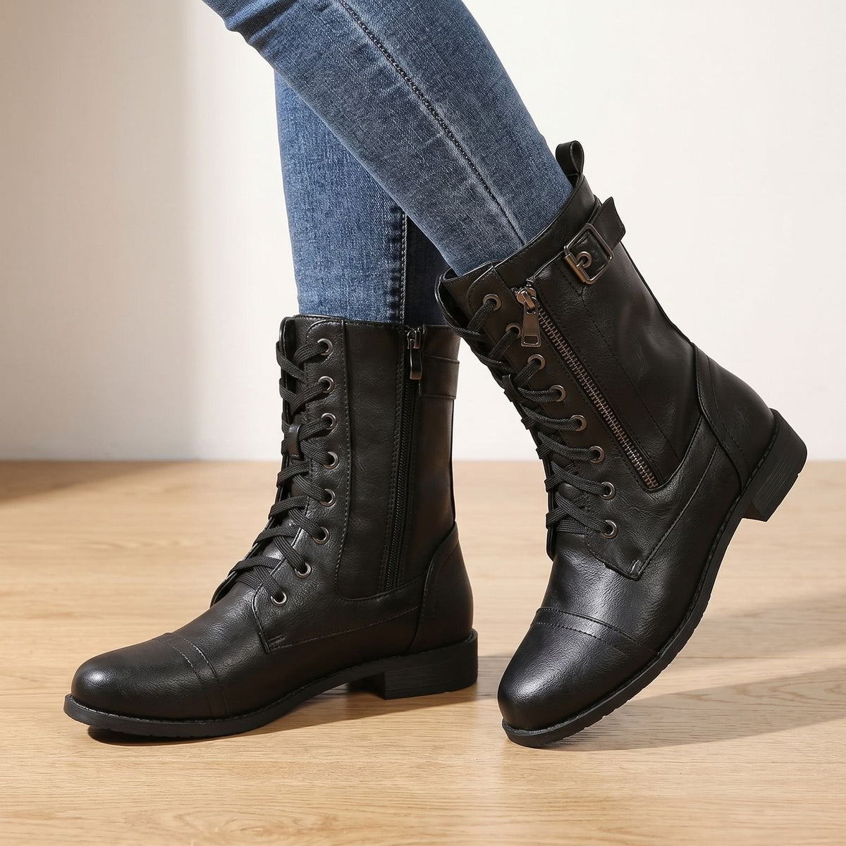 Women's Mid-Calf Military-Style Lace-Up Boots with Zip and Buckle