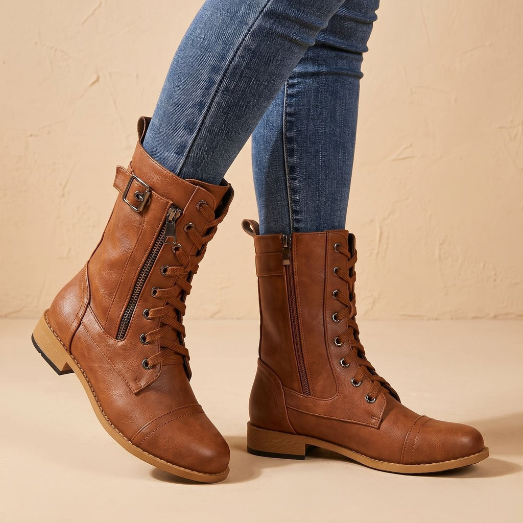 Women's Mid-Calf Military-Style Lace-Up Boots with Zip and Buckle