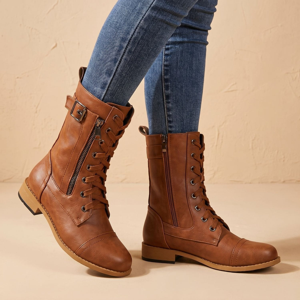 Women's Mid-Calf Military-Style Lace-Up Boots with Zip and Buckle