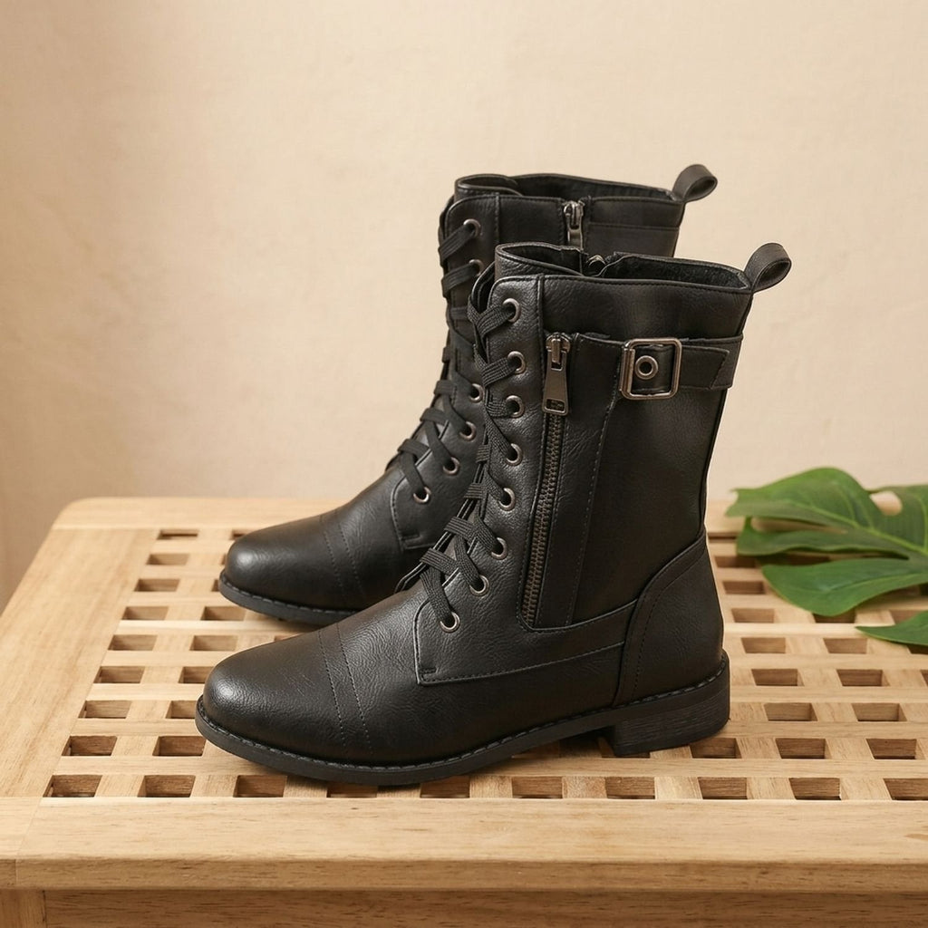 Women's Mid-Calf Military-Style Lace-Up Boots with Zip and Buckle