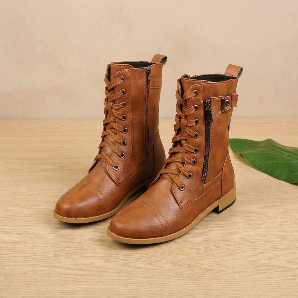 Women's Mid-Calf Military-Style Lace-Up Boots with Zip and Buckle