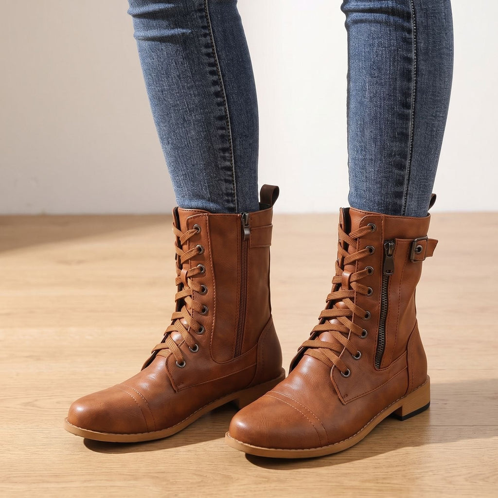 Women's Mid-Calf Military-Style Lace-Up Boots with Zip and Buckle