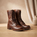 Women's Full-Lace Leather Combat Boots with Shock-Absorbing Sole - Dark Brown