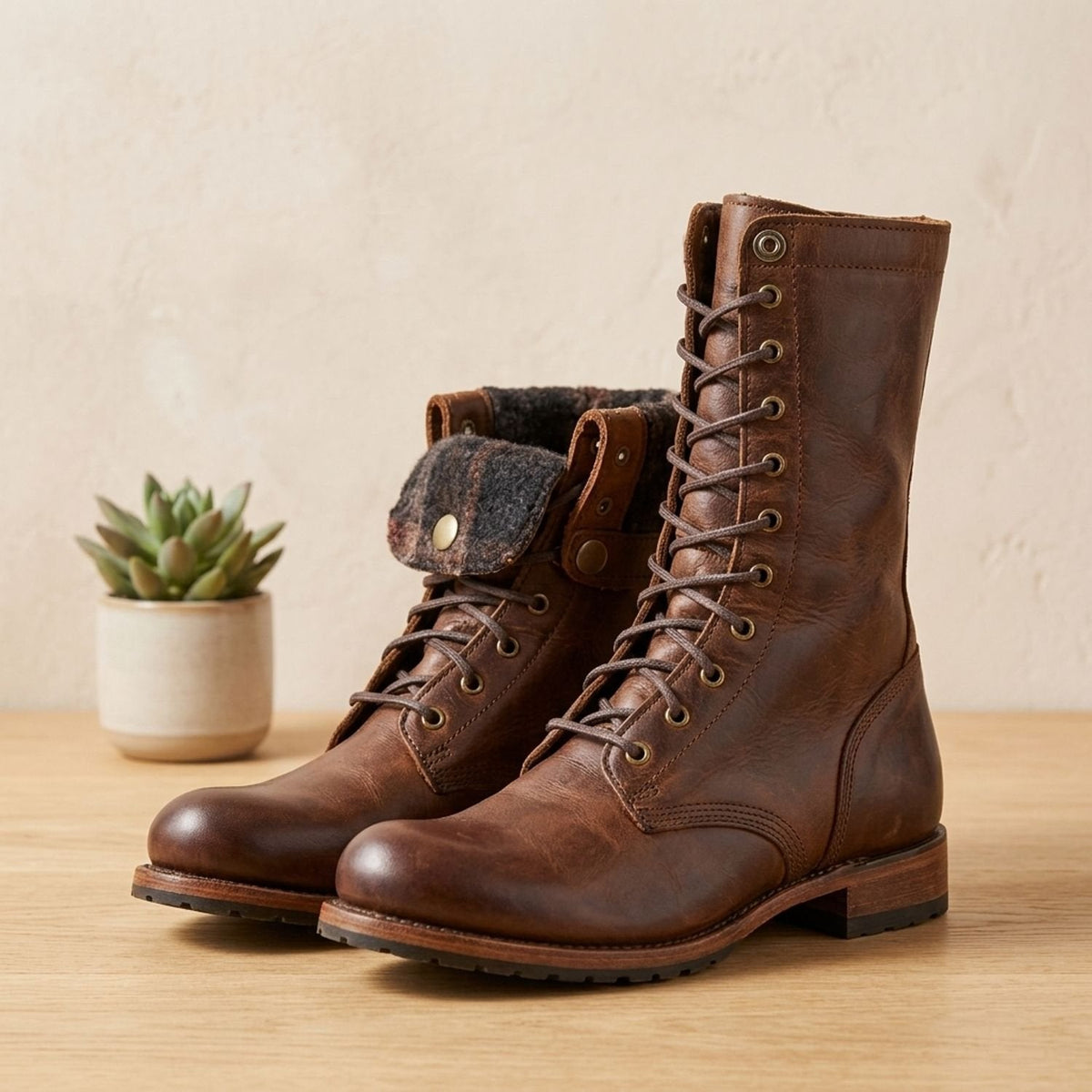 Women's Full-Lace Leather Combat Boots with Shock-Absorbing Sole