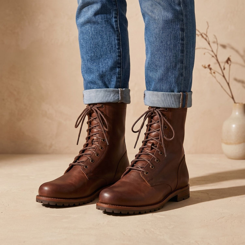Women's Full-Lace Leather Combat Boots with Shock-Absorbing Sole