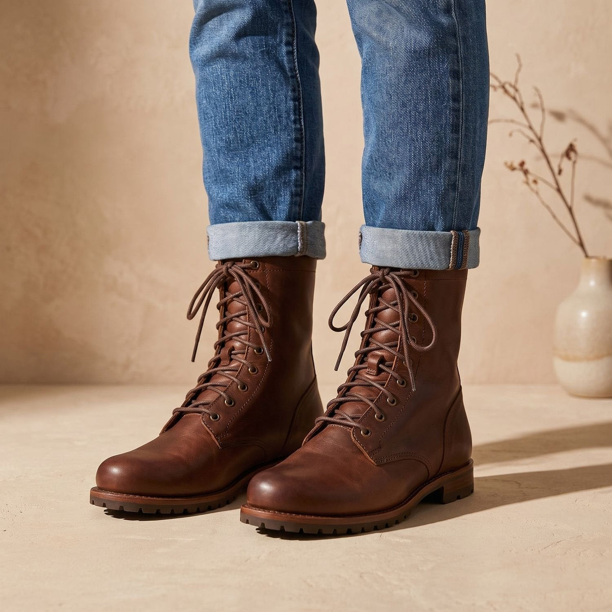 Women's Full-Lace Leather Combat Boots with Shock-Absorbing Sole