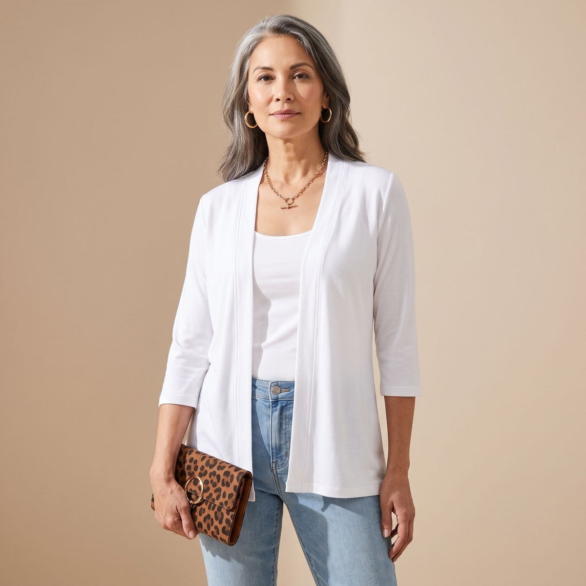 Women's Waterfall Open Cardigan with 3/4 Sleeves for Chilly Offices - White