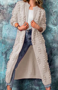 Women's Maxi-Length Pom-Pom Knit Cardigan with Open Front - Beige