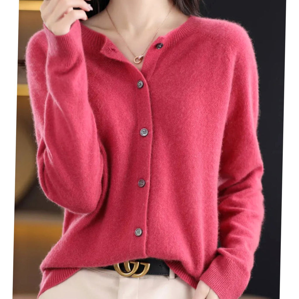 Women's Lightweight Merino Wool Cardigan with Straight Fit - Dark Pink