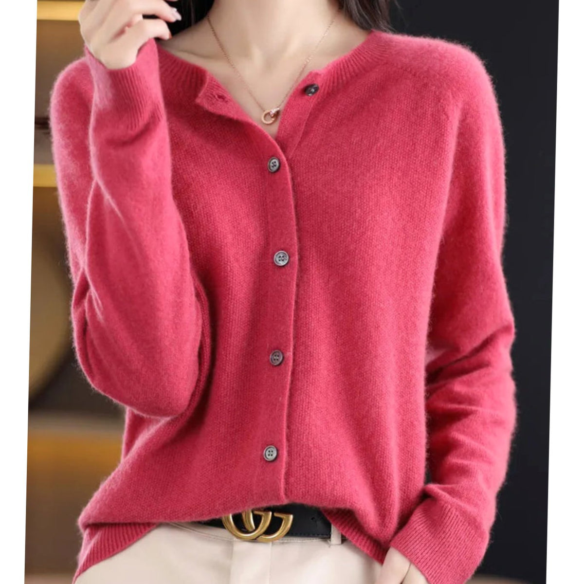 Women's Lightweight Merino Wool Cardigan with Straight Fit - Dark Pink