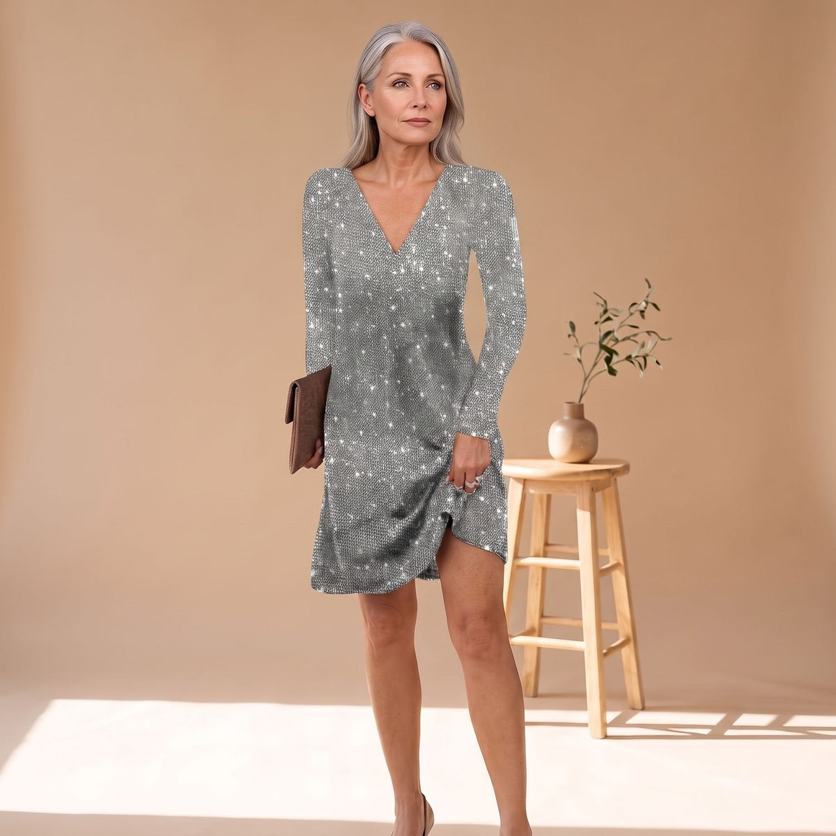 Women's Relaxed-Fit V-Neck Sequin Holiday Mini Dress