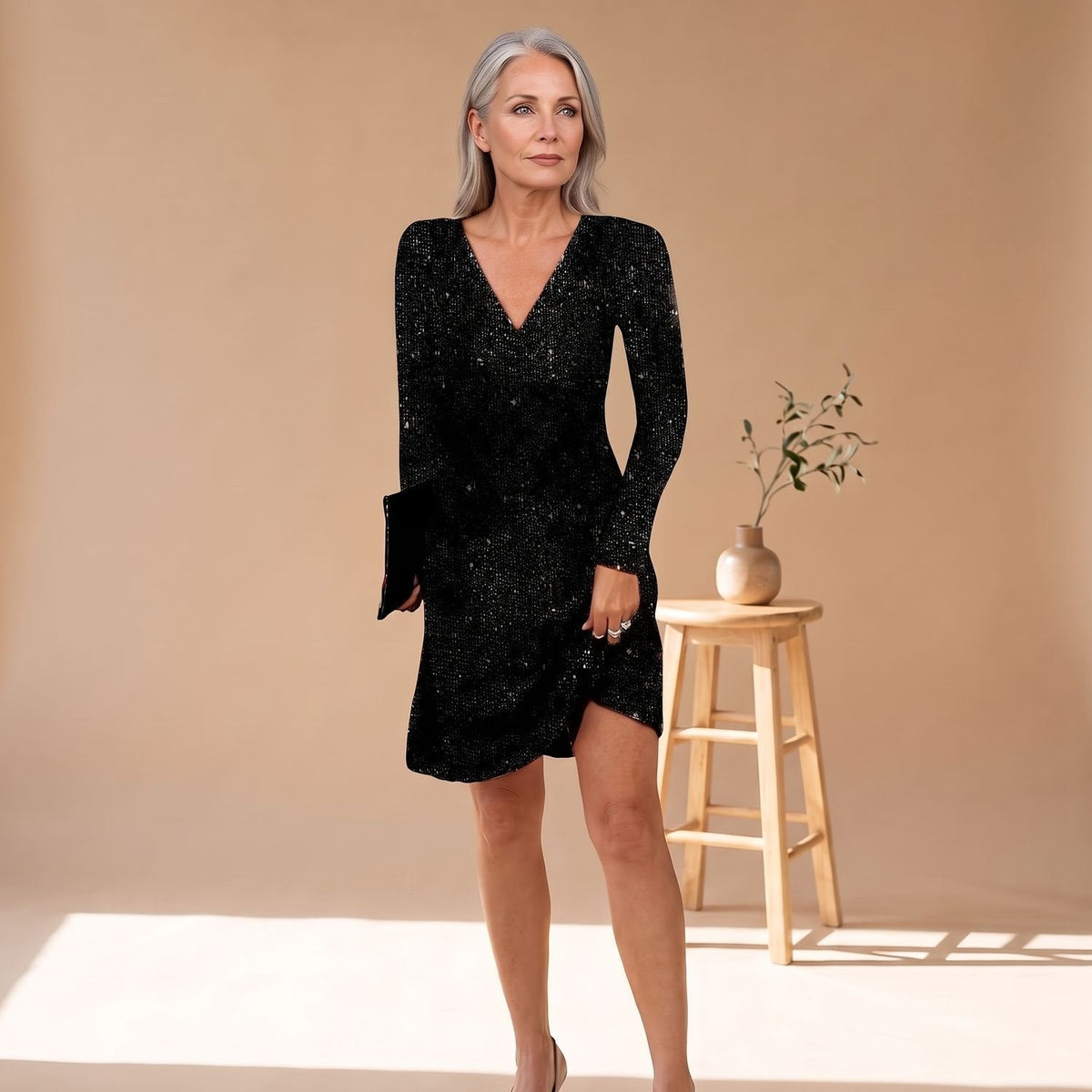 Women's Relaxed-Fit V-Neck Sequin Holiday Mini Dress