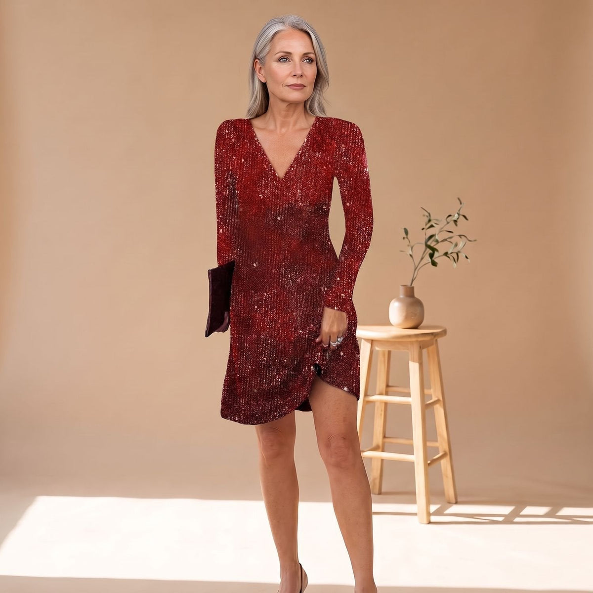 Women's Relaxed-Fit V-Neck Sequin Holiday Mini Dress