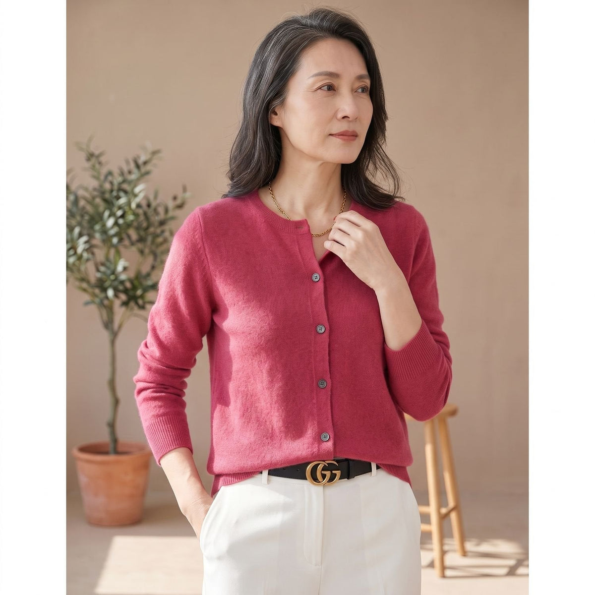 Women's Crew-Neck Merino Wool-Blend Cardigan for Cold Mornings - Hot Pink