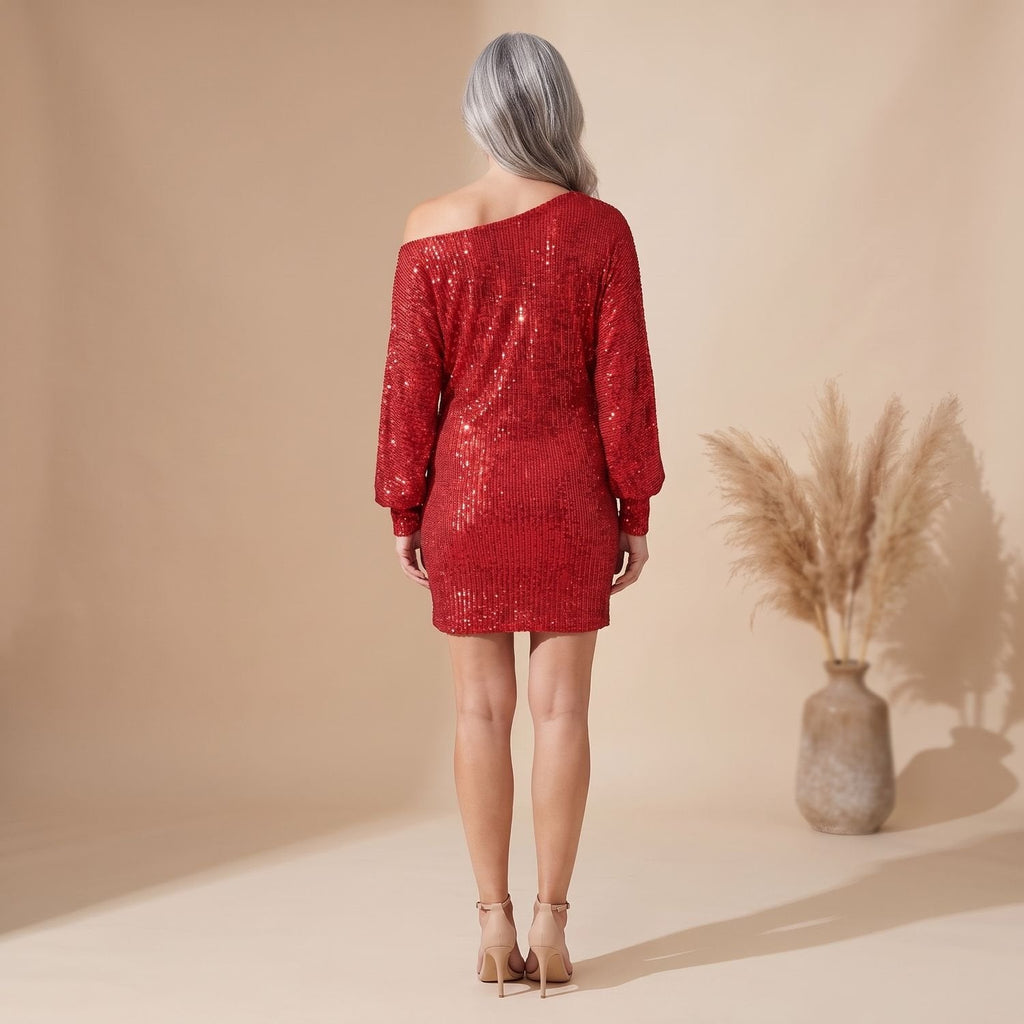 Women's Off-Shoulder Long-Sleeve Sequin Dress with Ribbon Cuff