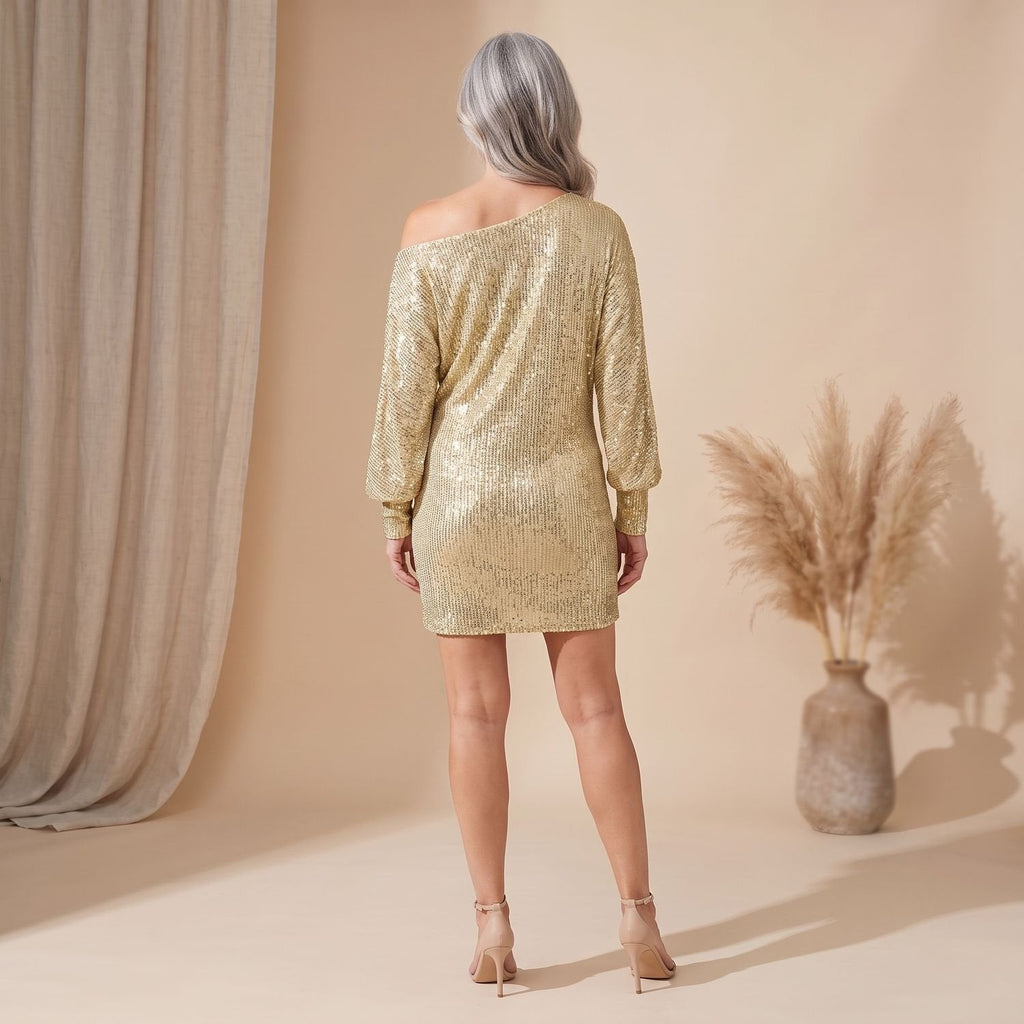 Women's Off-Shoulder Long-Sleeve Sequin Dress with Ribbon Cuff