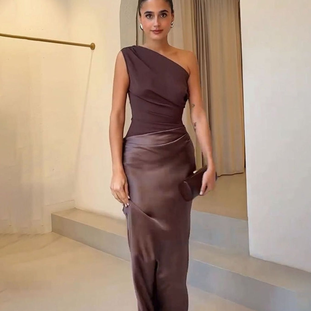 Women's One-Shoulder Gown with Ruched Bodice and Faux Leather Skirt