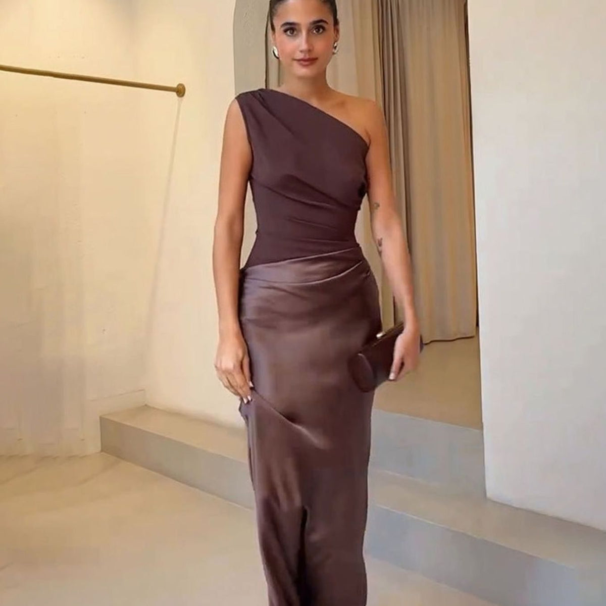 Women's One-Shoulder Gown with Ruched Bodice and Faux Leather Skirt