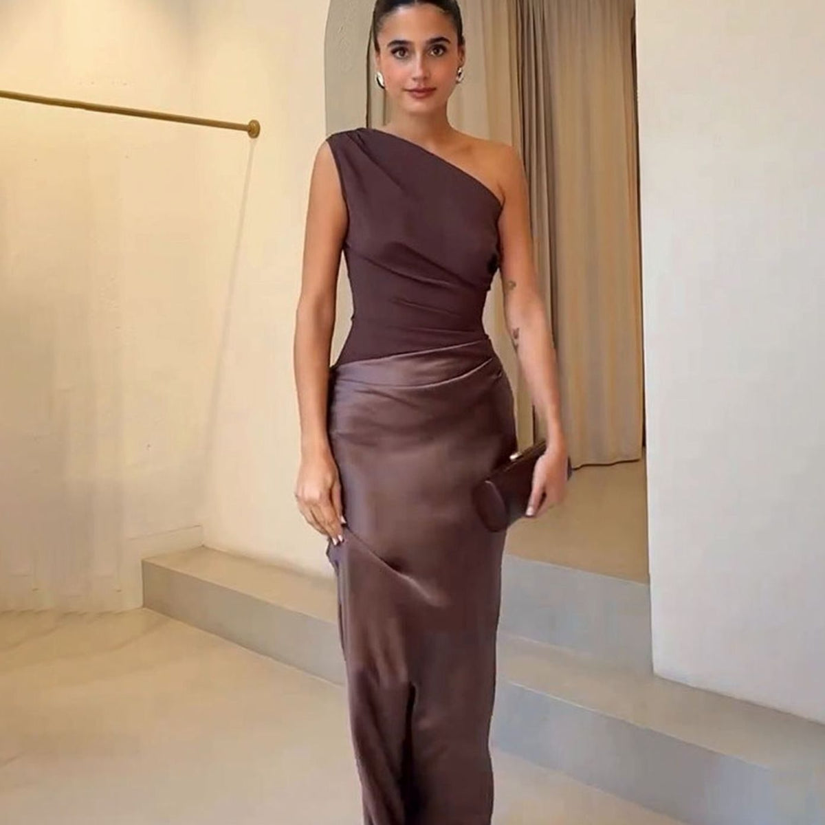 Women's One-Shoulder Gown with Ruched Bodice and Faux Leather Skirt - Dark Brown