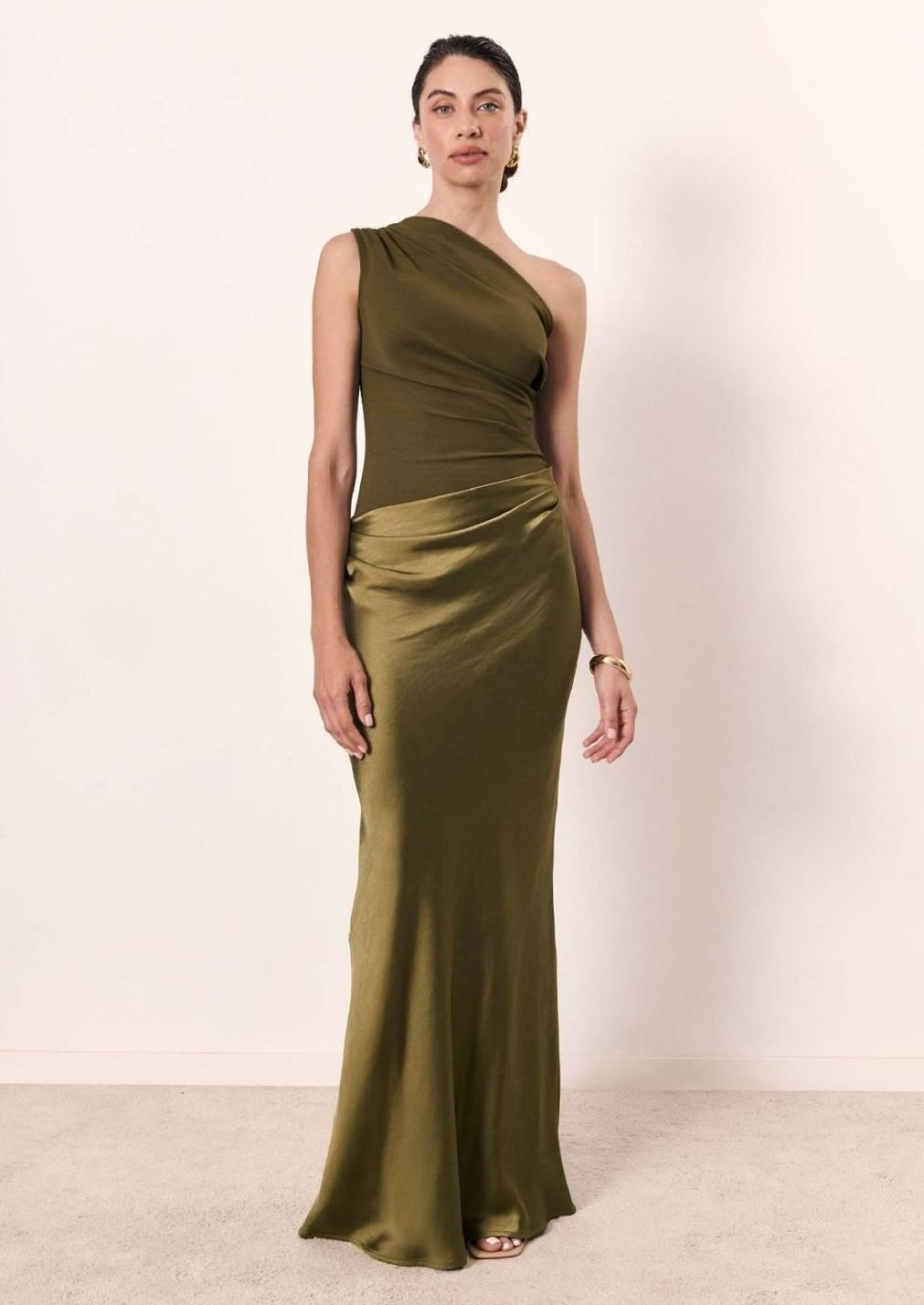 Women's One-Shoulder Gown with Ruched Bodice and Faux Leather Skirt