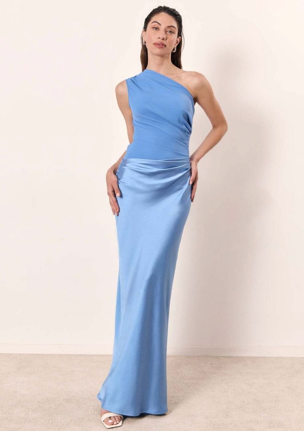 Women's One-Shoulder Gown with Ruched Bodice and Faux Leather Skirt