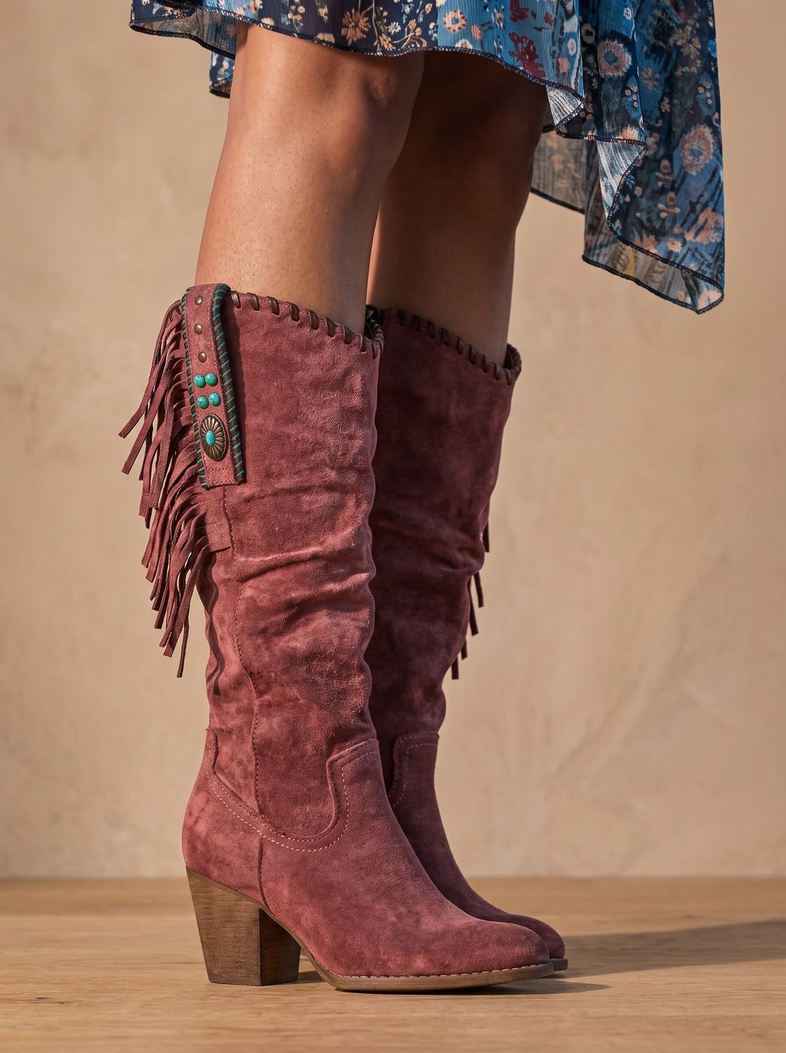 Women's Arch Support Boho Cowboy Boots with Side Fringe - Red