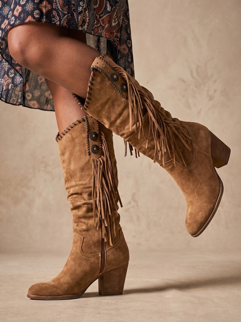 Women's Arch Support Boho Cowboy Boots with Side Fringe