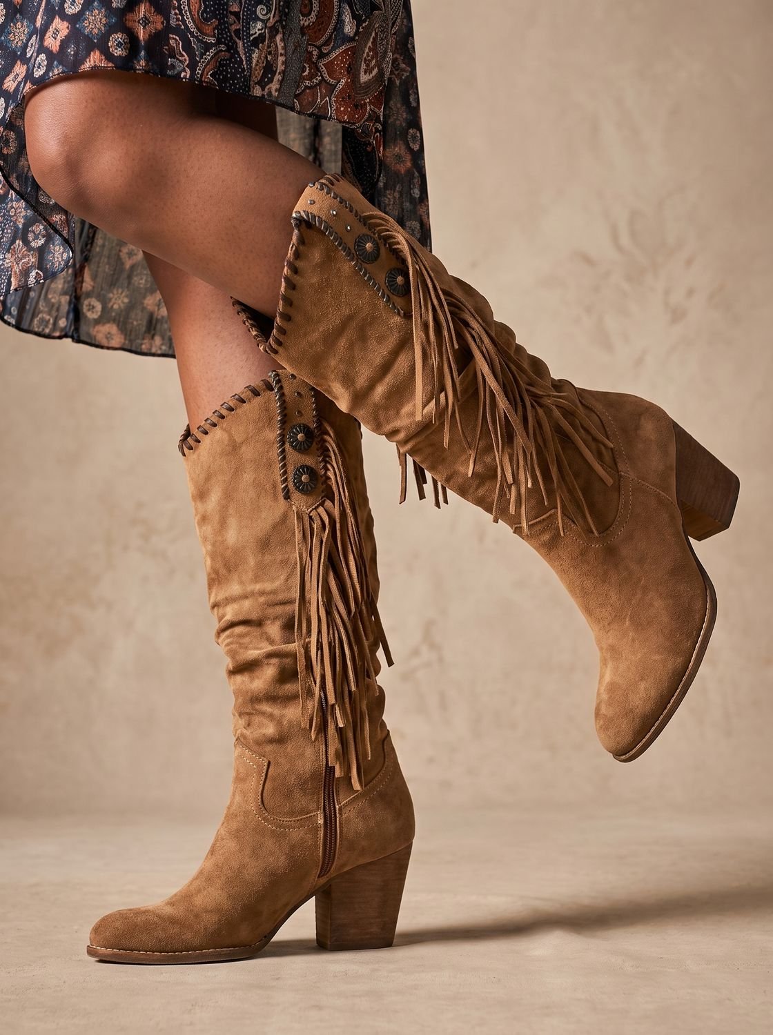 Women's Arch Support Boho Cowboy Boots with Side Fringe