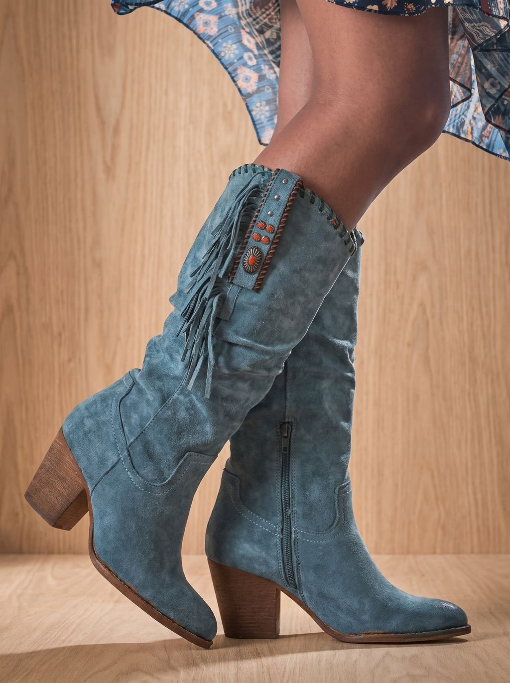 Women's Arch Support Boho Cowboy Boots with Side Fringe - Blue