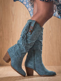 Women's Arch Support Boho Cowboy Boots with Side Fringe - Blue