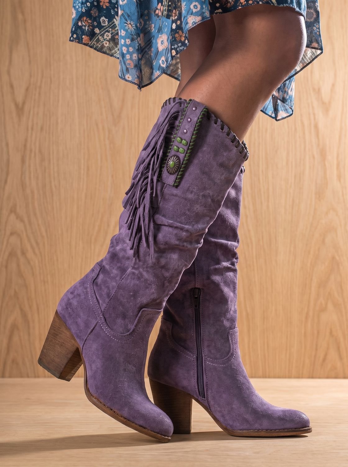 Women's Arch Support Boho Cowboy Boots with Side Fringe - Purple