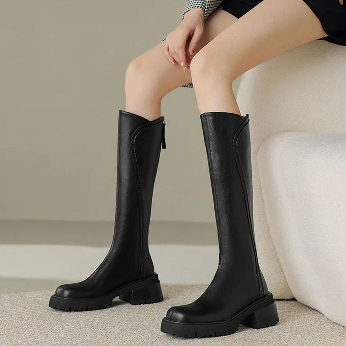 Women's Cushioned Orthopedic Tall Boots in Leather with Lug Sole - Black Fur