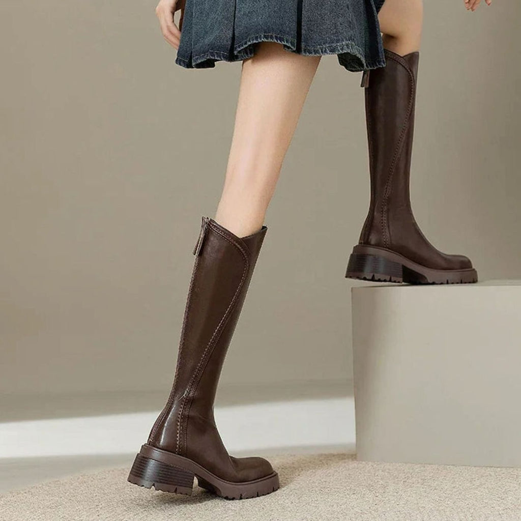 Women's Cushioned Orthopedic Tall Boots in Leather with Lug Sole - Brown Fur
