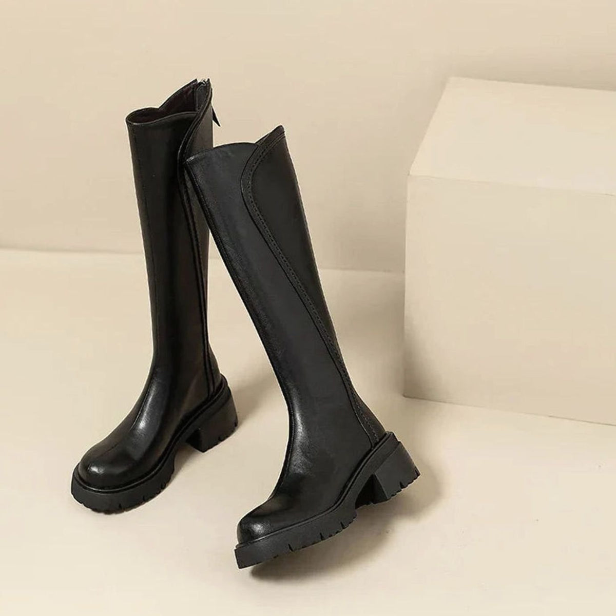 Women's Cushioned Orthopedic Tall Boots in Leather with Lug Sole - Black