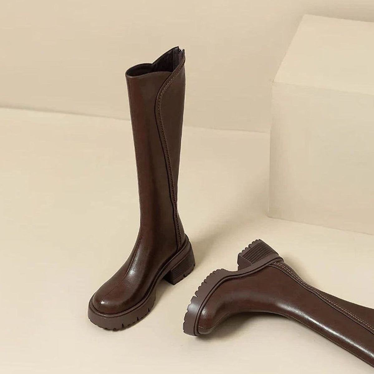 Women's Cushioned Orthopedic Tall Boots in Leather with Lug Sole - Brown