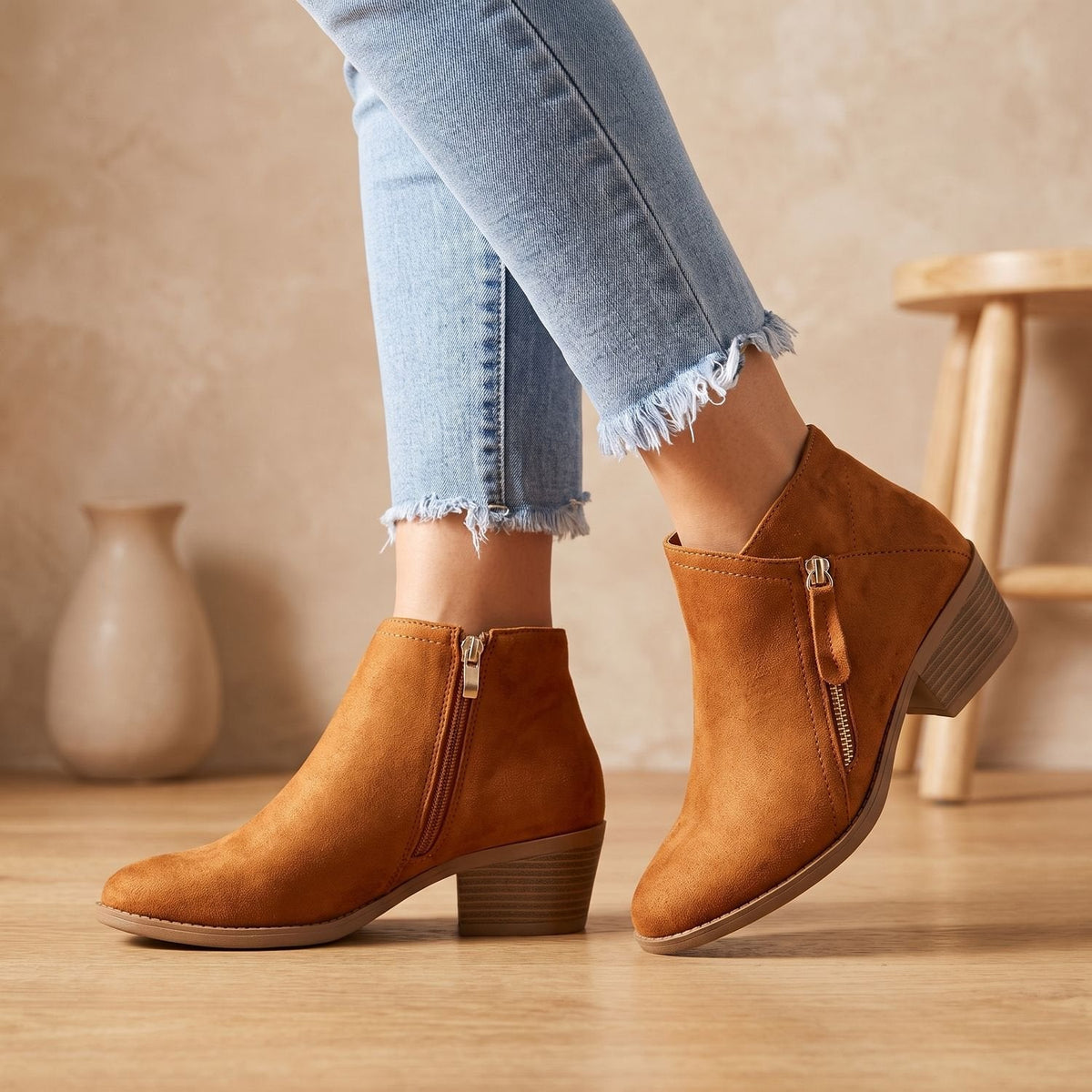 Women's Orthopedic Heeled Ankle Boots for All-Day Comfort - Khaki