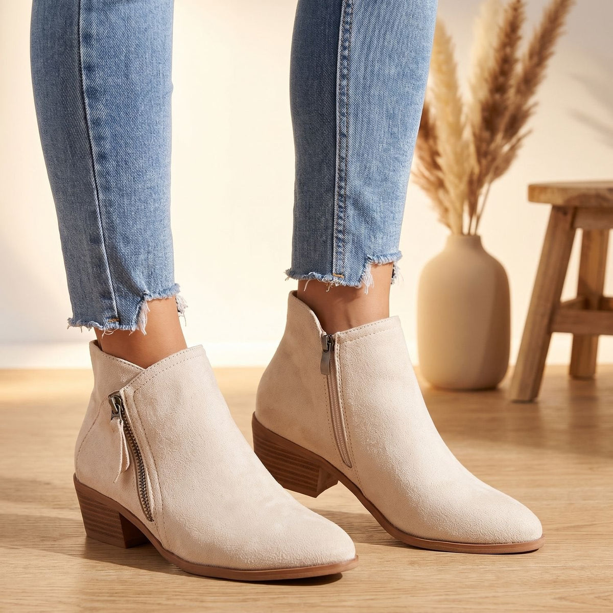 Women's Orthopedic Heeled Ankle Boots for All-Day Comfort - Beige