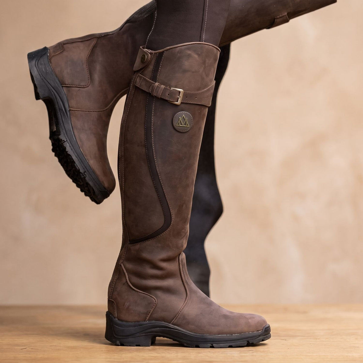 Women's Orthopedic Riding Boots with Calf Buckle and Grip Sole - Dark Brown