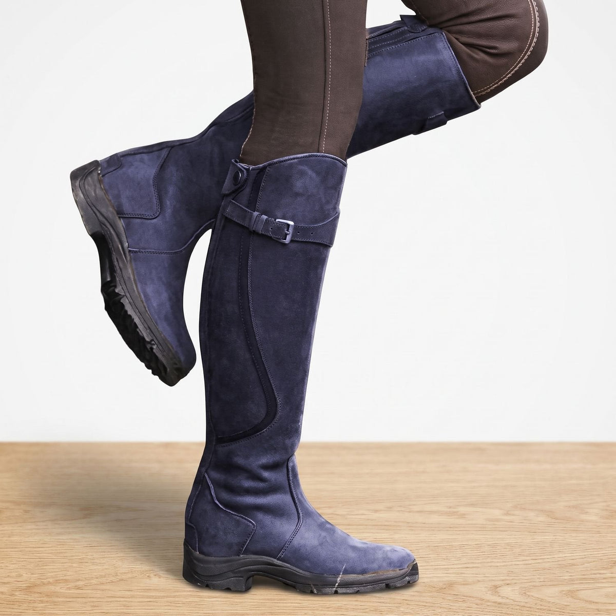 Women's Orthopedic Riding Boots with Calf Buckle and Grip Sole - Blue