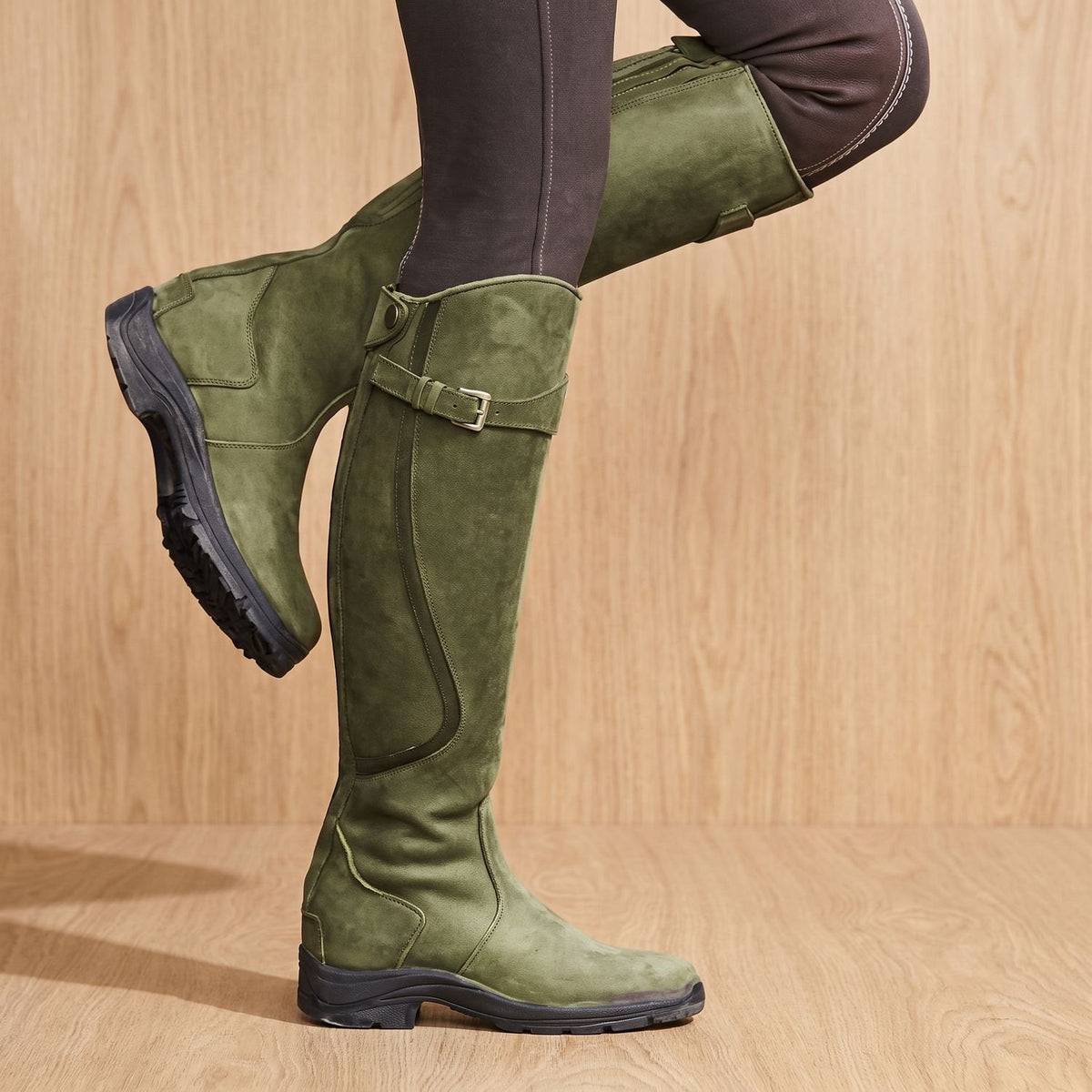 Women's Orthopedic Riding Boots with Calf Buckle and Grip Sole - Green