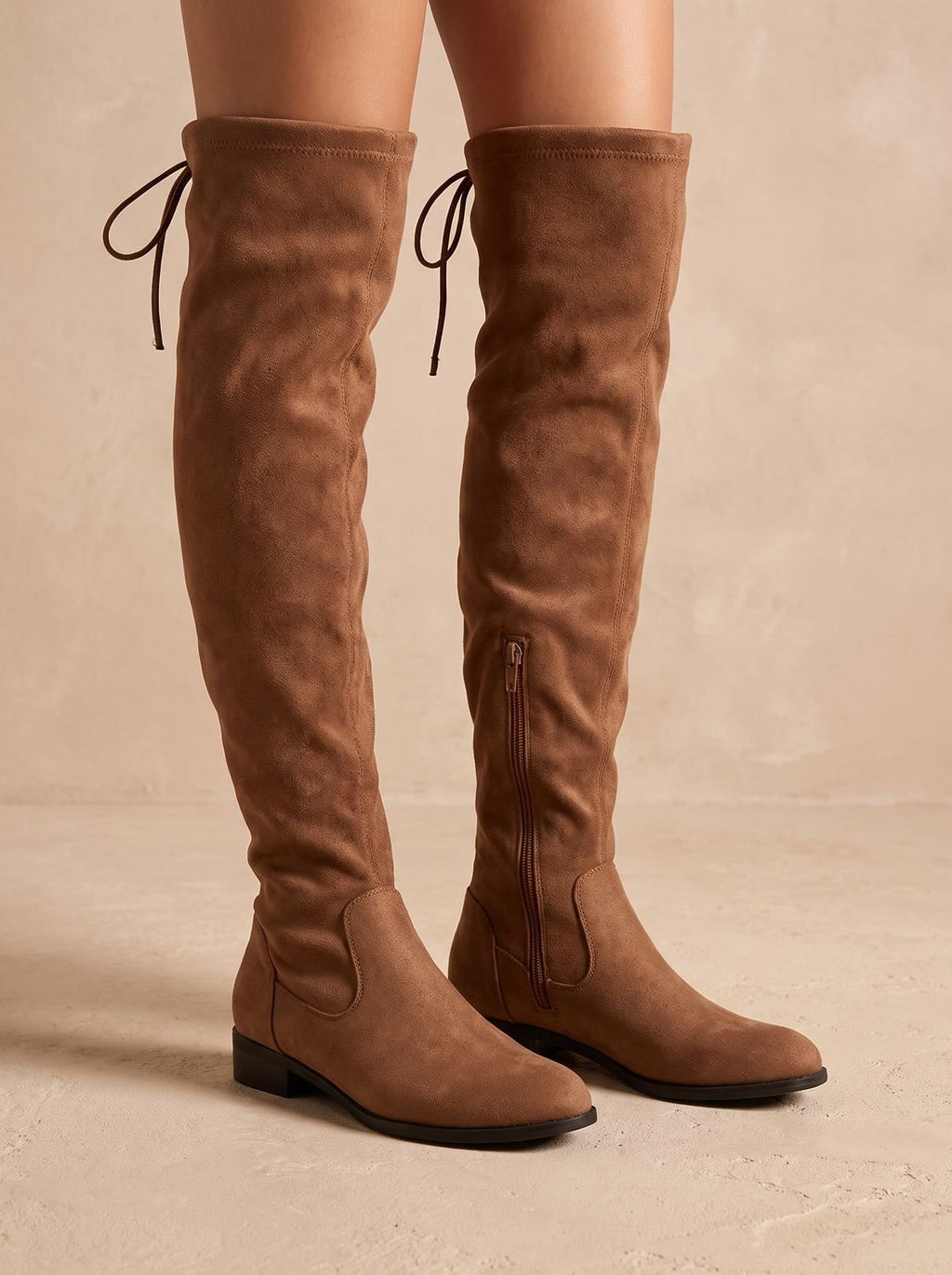 Women's Thigh-High Tie-Back Boots in Soft Faux Suede with Low Heel