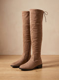 Women's Thigh-High Tie-Back Boots in Soft Faux Suede with Low Heel - Brown