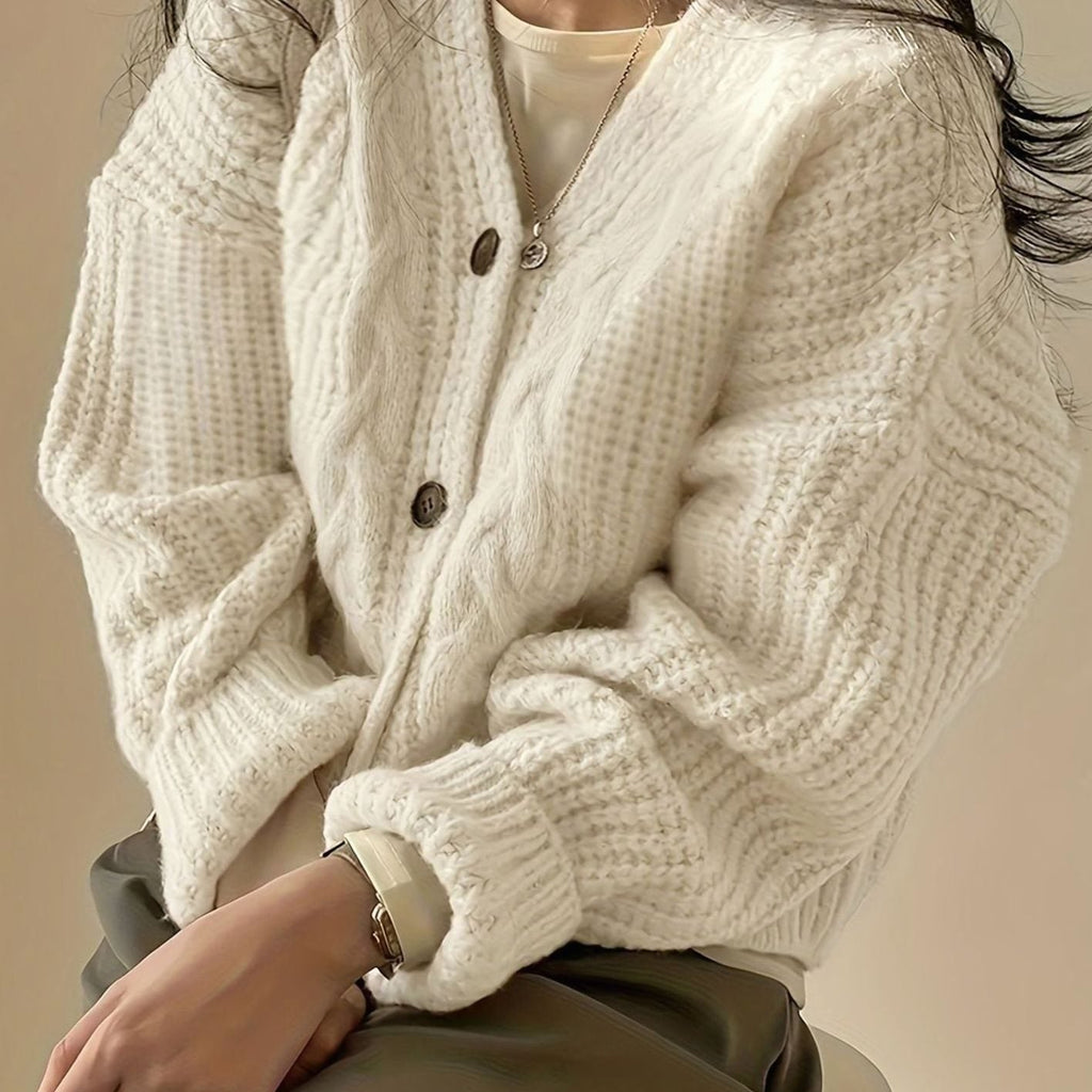 Women's Chunky Cable-Knit Button Cardigan in Roomy Oversized Cut - Apricot