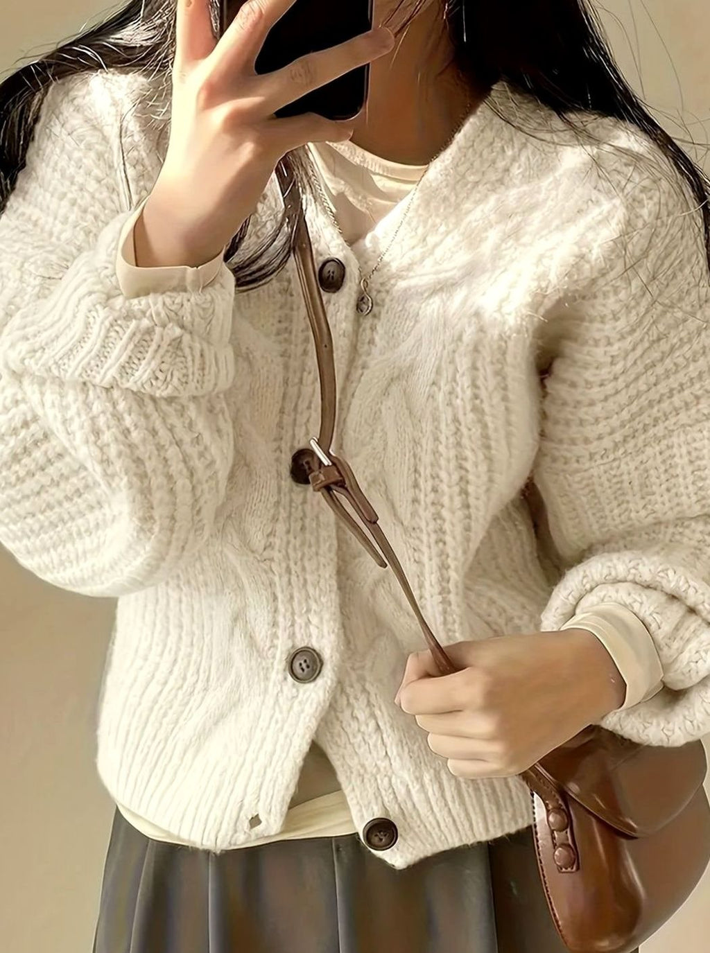 Women's Chunky Cable-Knit Button Cardigan in Roomy Oversized Cut