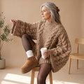 Women's Chunky Cable-Knit Oversized Sweater with Full Sleeves - Khaki
